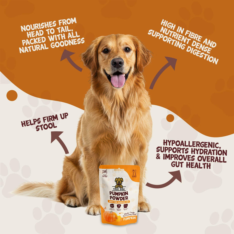 True Dog Pumpkin Powder for Dogs (250g - Up to 30 Servings) Dog Food Topper with Vitamin A and Fibre for Dogs, Firms Up Stools and Supports Eye Health - Natural Pet Supplement