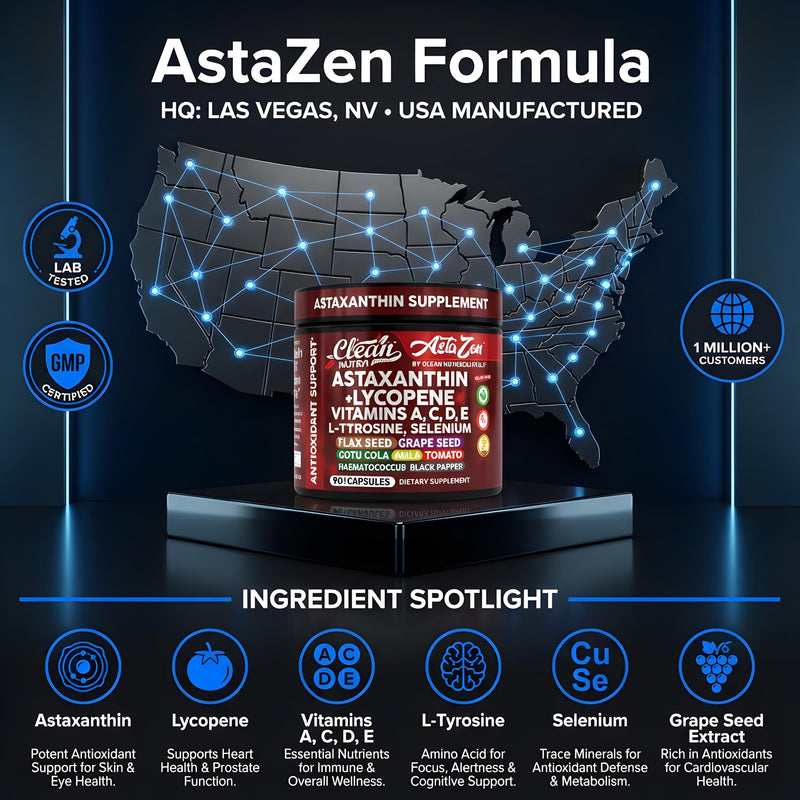 Clean Nutra Astaxanthin 12mg Lycopene Supplement with Vitamin A C D3 E, L-Tyrosine, Selenium, Flax, Grape Seed, Gotu Kola, Amla, Black Pepper, 90 Complex Veggie Capsules