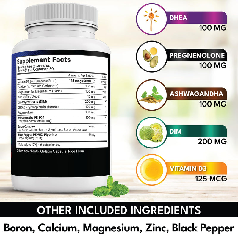 NEW AGE DHEA Supplement - Pregnenolone for Men & Women with DIM, Ashwagandha, Boron, Calcium, Magnesium, Zinc, Vitamin D3 5000iu - Support Capsules - 180 Count 60 Count (Pack of 3)