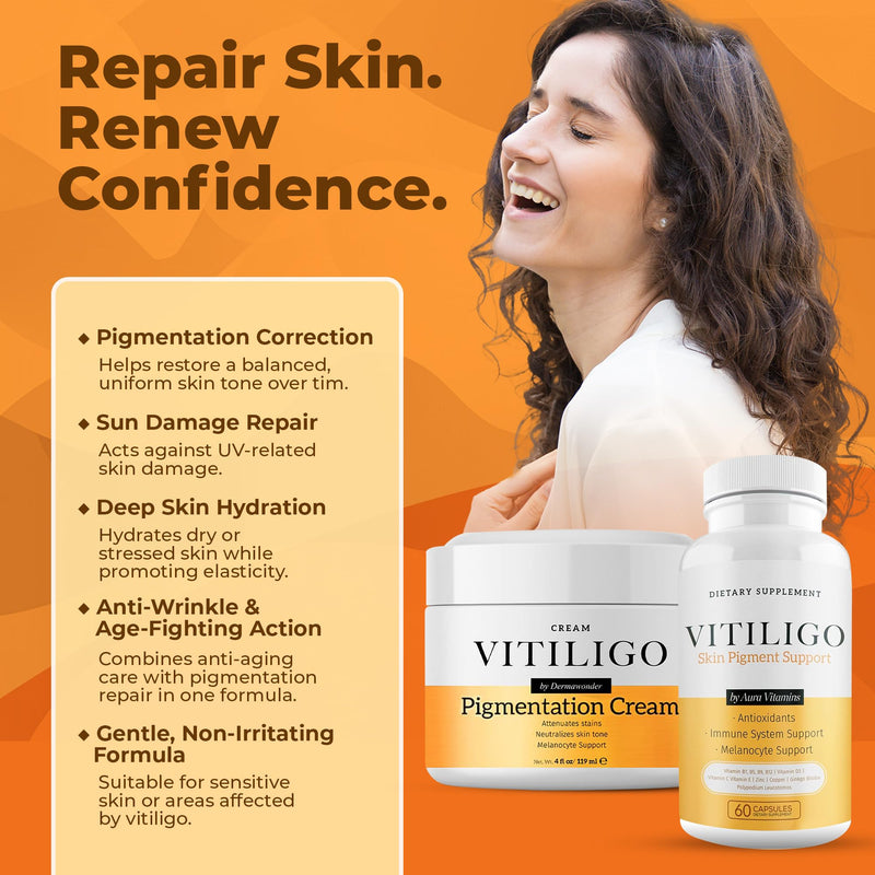 Dermawonder Vitiligo Supplement & Pigmentation Cream Set | 60 Vitiligo Capsules and 4fl Oz Cream | Reduce White Spots, Improve Skin Pigmentation & Neutralize Skin Tone | Natural Solution (1) 60 Count (Pack of 1), 4 Fl Oz (Pack of 1)