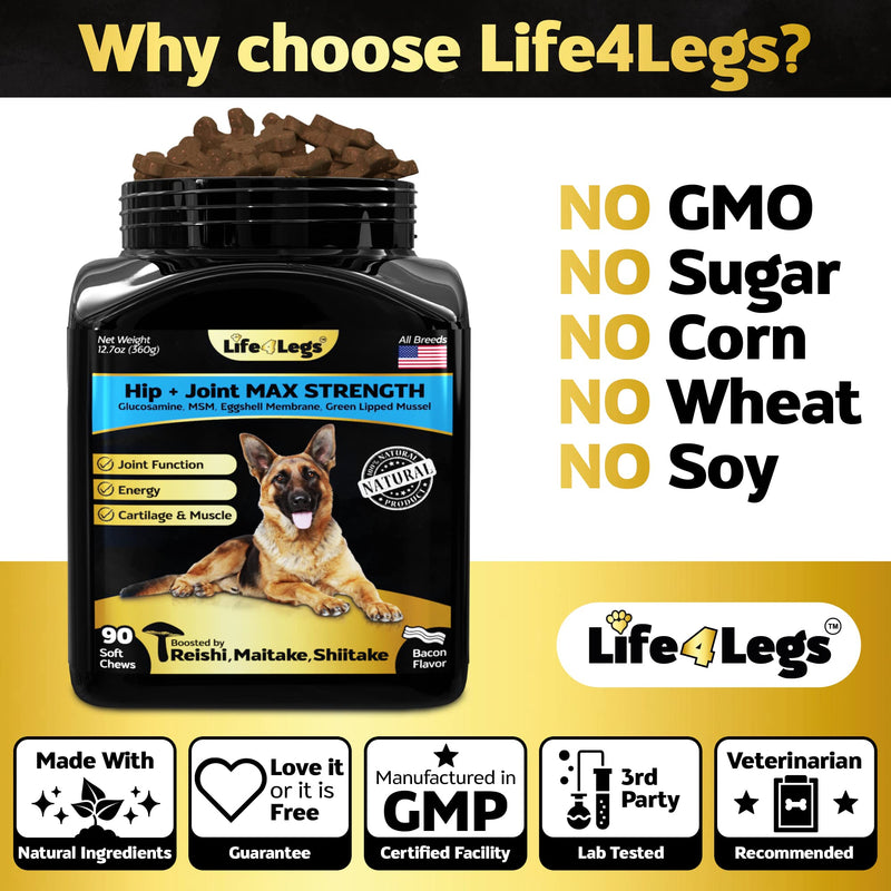 Soft Chews Hip and Joint Supplement for Dogs - Dog Joint Pain Relief Treats - Glucosamine, Chondroitin, Turmeric - Mobility Bites Supplement Hip and Joint Max Strength Bacon - 90 Soft Chews - BeesActive Australia