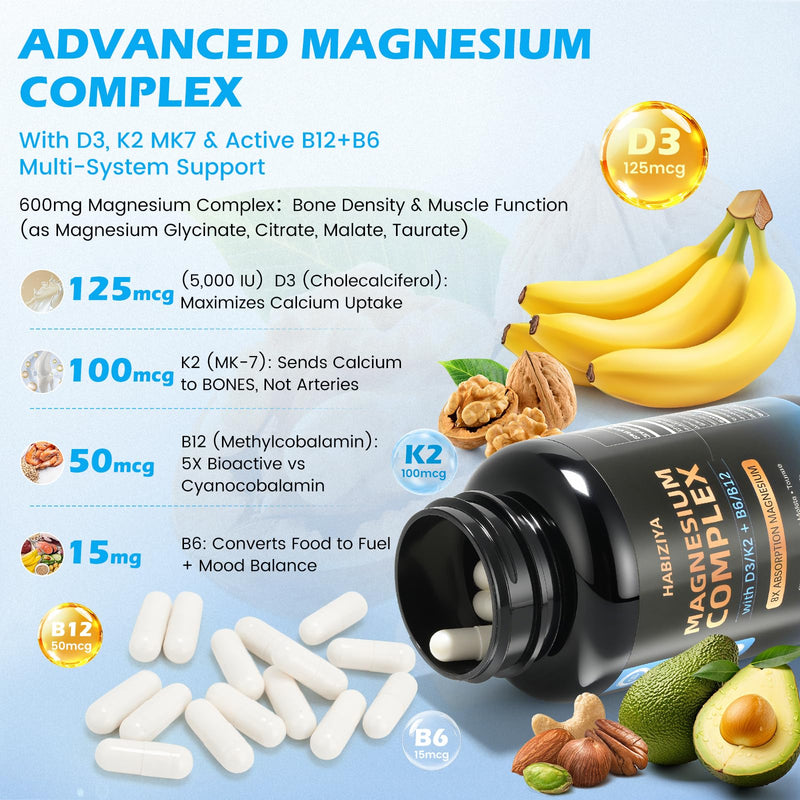 (Pack of 2) Magnesium Complex Supplement 600mg with with D3 K2 MK7 & B Vitamins High Absorption Capsules with Glycinate, Citrate & Malate,Taurate Relaxation,Muscle,Heart Support, Vegan 120 Capsules 120 Count (Pack of 2)