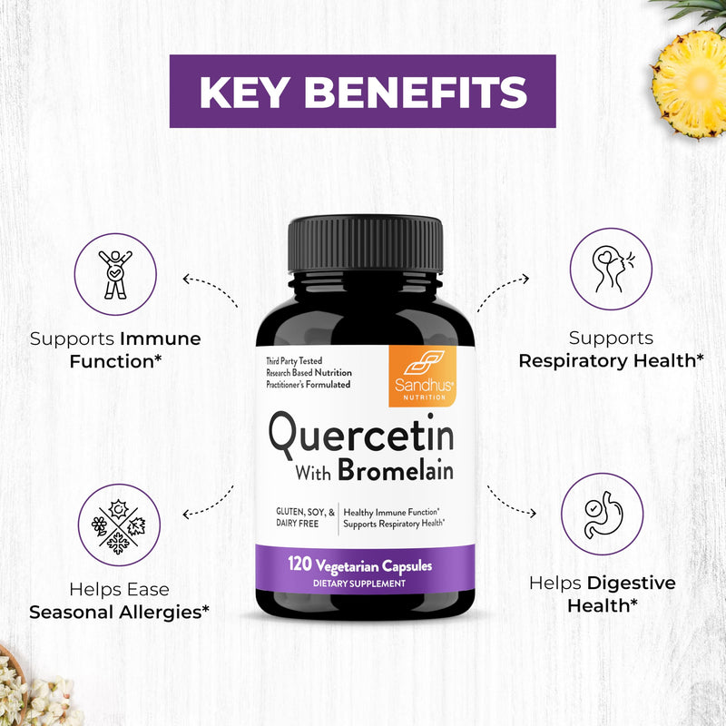 Quercetin with Bromelain 500mg Supplement Capsules 1000mg Per Serving 240Ct | 500mg Combination Supplements 2400 GDU/g Gluten-Free Natural 120 Servings and Encapsulated in USA By Sandhu's 120 Count (Pack of 2)