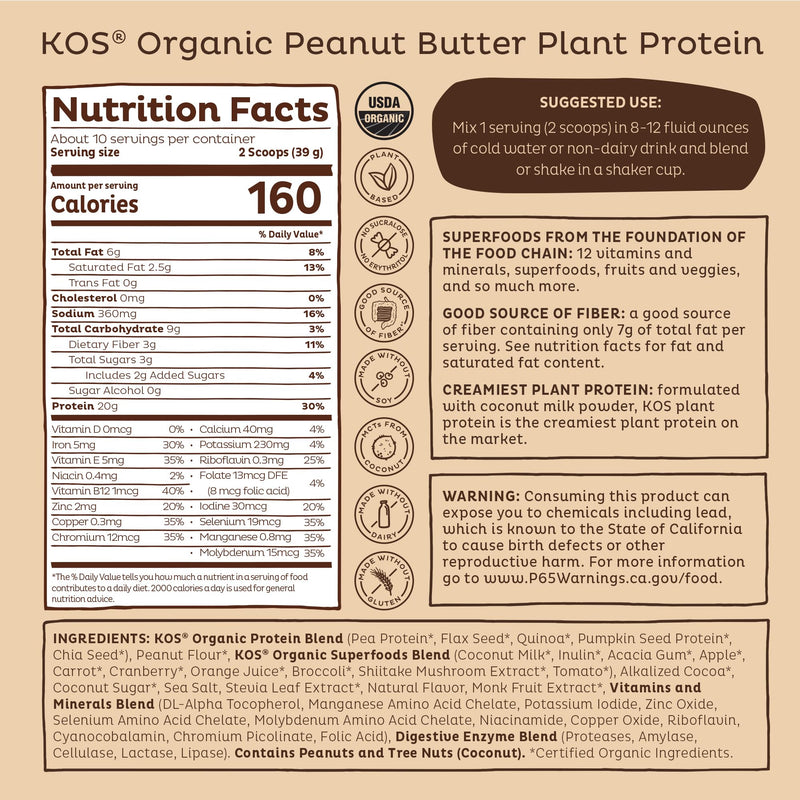 KOS Vegan Protein Powder, Chocolate Peanut Butter - Low Carb Pea Protein Blend, USDA Organic Superfood with Vitamins & Minerals - Keto, Soy, Dairy Free - Meal Replacement for Women & Men - 10 Servings 13.05 Ounce (Pack of 1)