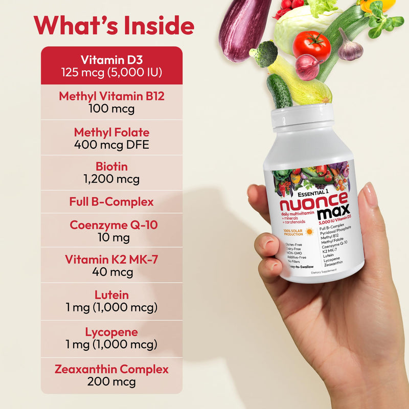 ANDREW LESSMAN Essential-1 nuonce max Multivitamin 5000 IU Vitamin D3 60 Small Capsules. 100 mcg Methyl B12. CoQ10 Lutein Lycopene Zeaxanthin. High Potency. No Additives. Ultra-Mild One Daily Capsule | Complete Daily Multivitamin & Mineral Formula with...