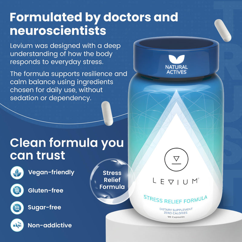 Levium Stress Supplement for Calm & Mood Support | Ashwagandha KSM-66, Magnesium, L-Theanine & GABA | Supports Mental Focus & Relaxation | Non-Habit Forming | 90 Capsules