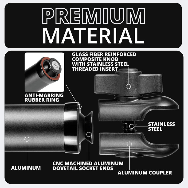 Tackform 7" Long 20mm Ball and Socket Arm DuraLock 20 Series Aluminum Tube Arm | Dual 20mm Sockets and Optional Anti-Theft Knobs | Black 7 Inch - BeesActive Australia
