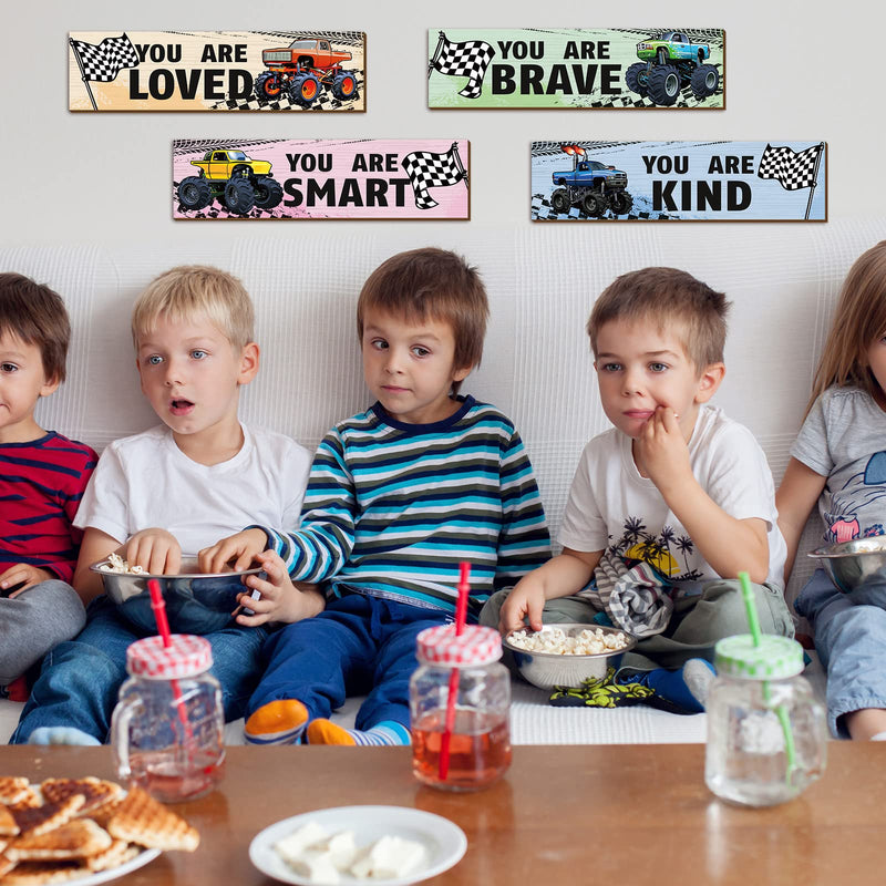 4 Pcs Truck Bedroom Wall Decor for Boys Construction Trucks Boys Room Decor Inspirational Racing Car Wooden Hanging Sign Motivational Quote Car Decoration for Kid Nursery Playroom Kindergarten - BeesActive Australia