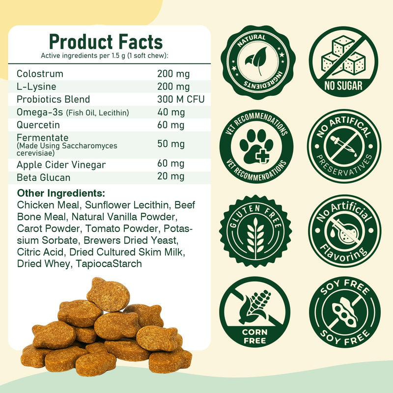 Cat Allergy Relief for Cats, 150 Soft Chews for Cat Itch and Allergy Relief with Omega-3 and Probiotics Coat Health, Immune Boost and Seasonal Allergies Chicken Flavor Chews