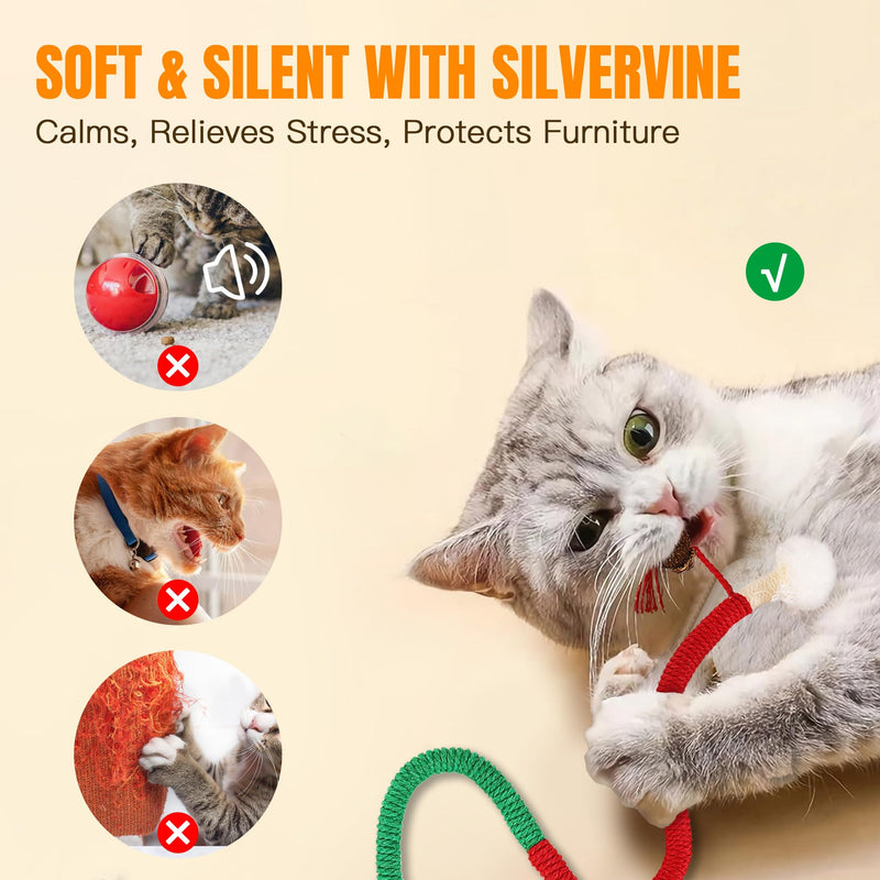 Cat Toys Set – 3 Cat Dental Rope Toys + Bonus 3 Silvervine (Gall Fruit) Chew Sticks – Safe Organic Cotton Interactive Cat Chew Toys for Teeth Cleaning, Quiet Play & Healthy Chewing