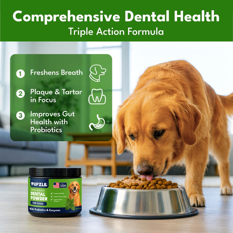 Pupzle Dog Teeth Cleaning Powder for Fresh Breath, Dog Dental Powder, Tartar & Plaque Focused, Natural Breath Freshener, Pet Dental Supplement with Probiotics for Gut Health, Mint, 60 Days Supply
