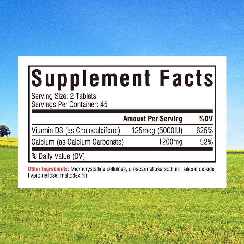 Innate Vitality Calcium 1200 mg with Vitamin D3, 5000IU Vitamin D3, Absorbable Calcium Supplement, Non GMO, No Gluten, for Bone, Immunity, 90 Tablets