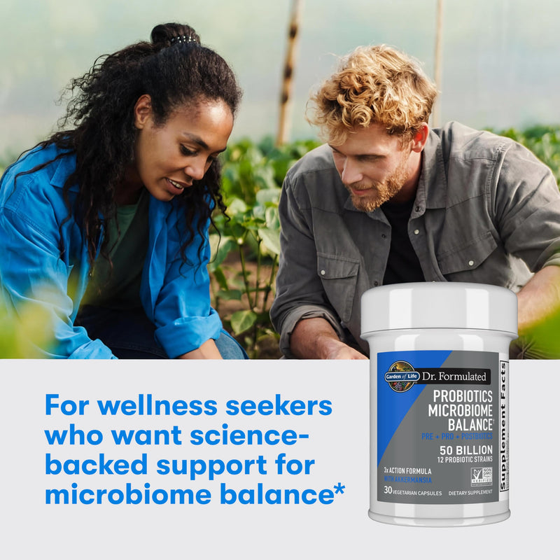 Garden of Life Dr. Formulated Microbiome Balance Probiotic, 50B CFU, 30ct | Pre, Pro & Postbiotics, 12 Probiotic Strains, Digestive Health, Immune Support, Non-GMO, Gluten-Free, Vegetarian