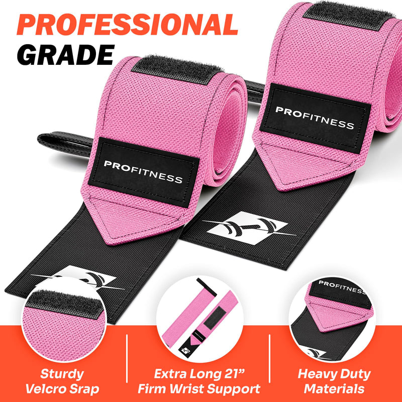 ProFitness Wrist Wraps for Weightlifting with Premium Lifting Straps - Weight Lifting Wrist Wraps and Gym Straps Ideal for Men & Women Workout & Training - Workout Straps with Wrist Support Pink/White