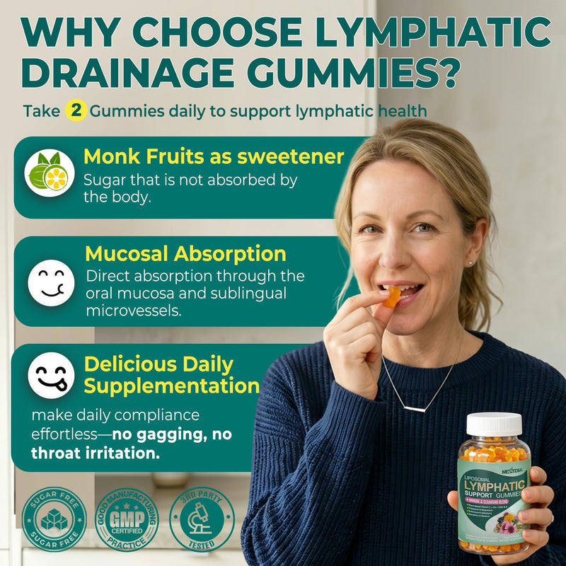 Liposomal Lymphatic Drainage Supplements Gummies, 16-IN-1 Lymph & Immune System Blend with Echinacea, Burdock Root, Dandelion, Cleavers, Vitamin A C D3 Zinc, Potassium Magnesium for Cleanse, 120cts