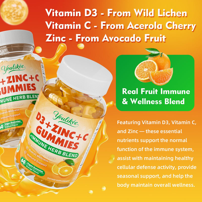 Vitamin C + D3 5000IU + Zinc Gummies for Adults, Orange Flavor, 60 Count | Immune Support supplement with Elderberry, Echinacea & Mullein Leaf - Antioxidant Support, Sugar Free 60 Count (Pack of 1)