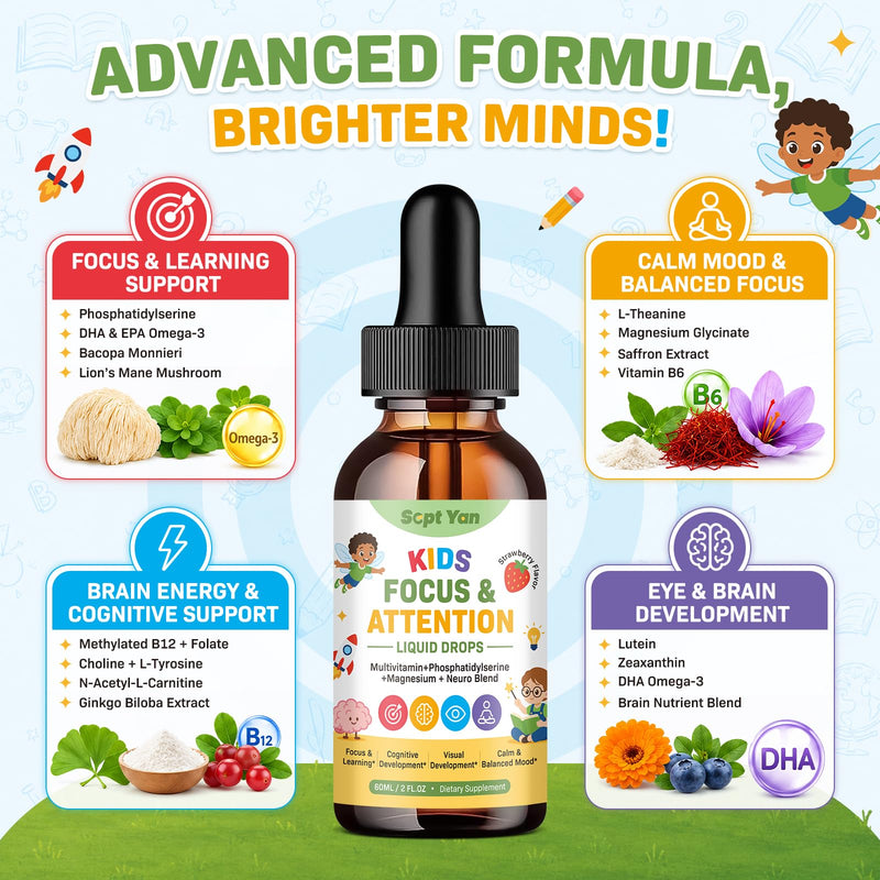 Kids Focus and Attention Supplements with Phosphatidylserine, Omega-3, Magnesium Glycinate, L-Theanine, Choline & Lutein – Kids ADHD Brain Liquid Drops for Memory, Calm Mood & Learning, Strawberry 2oz