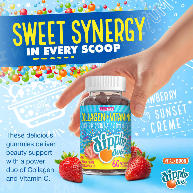 Dippin' Dots Collagen Supplements for Women, Vitamin C Gummies (60 Ct) | Strawberry Sunset Creme collagen gummies with Vitamin C support hair, skin, nails & immune health; no artificial colors. 60 Count (Pack of 1)