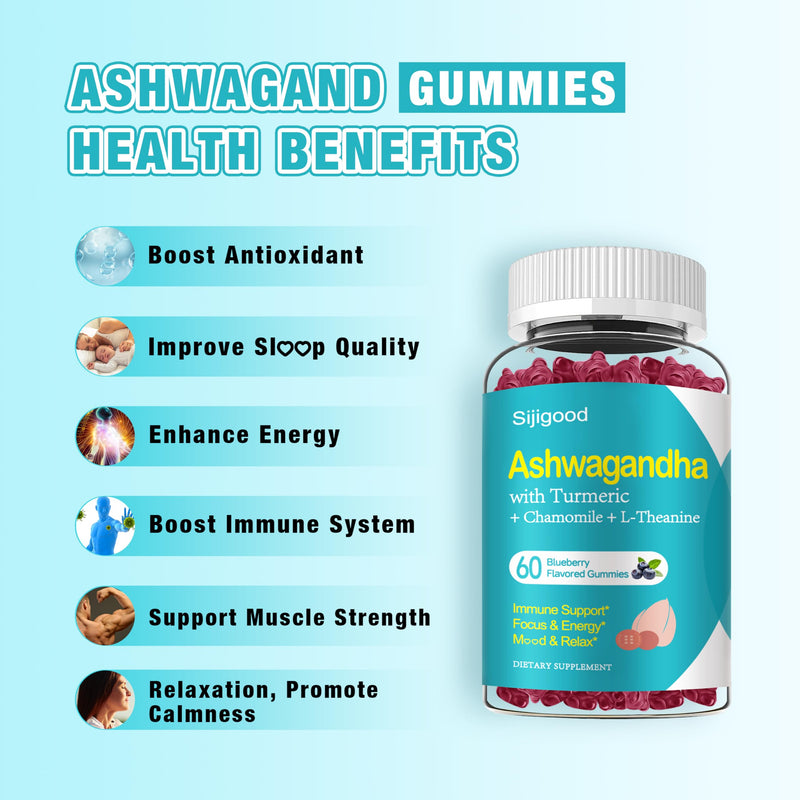 2 Pack Ashwagandha Gummies, Support for Immunity, Relaxation, Calm Mood & Zzz, Ashwagandha Supplements for Men & Women, Natural Blueberry Flavor, 120 Count 60 Count (Pack of 2)