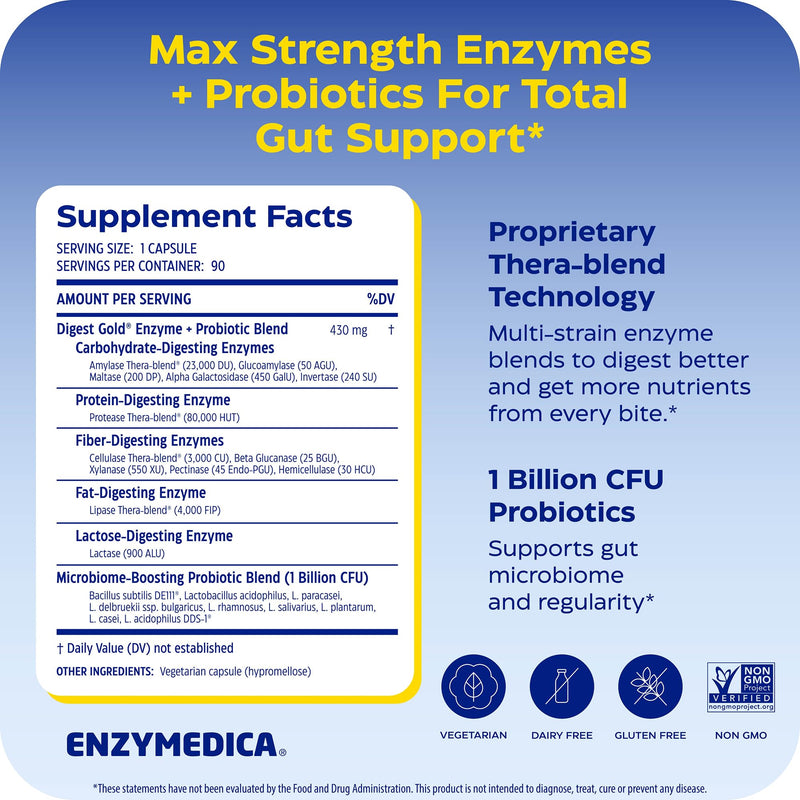 Enzymedica Digest Gold + Probiotics - Helps Gas & Bloating - 90 Caps | Digestive Enzyme Supplement for Women & Men, Enzyme and Probiotic Capsules for Digestion, Gut Health Support, Vegetarian 90 Count (FFP)