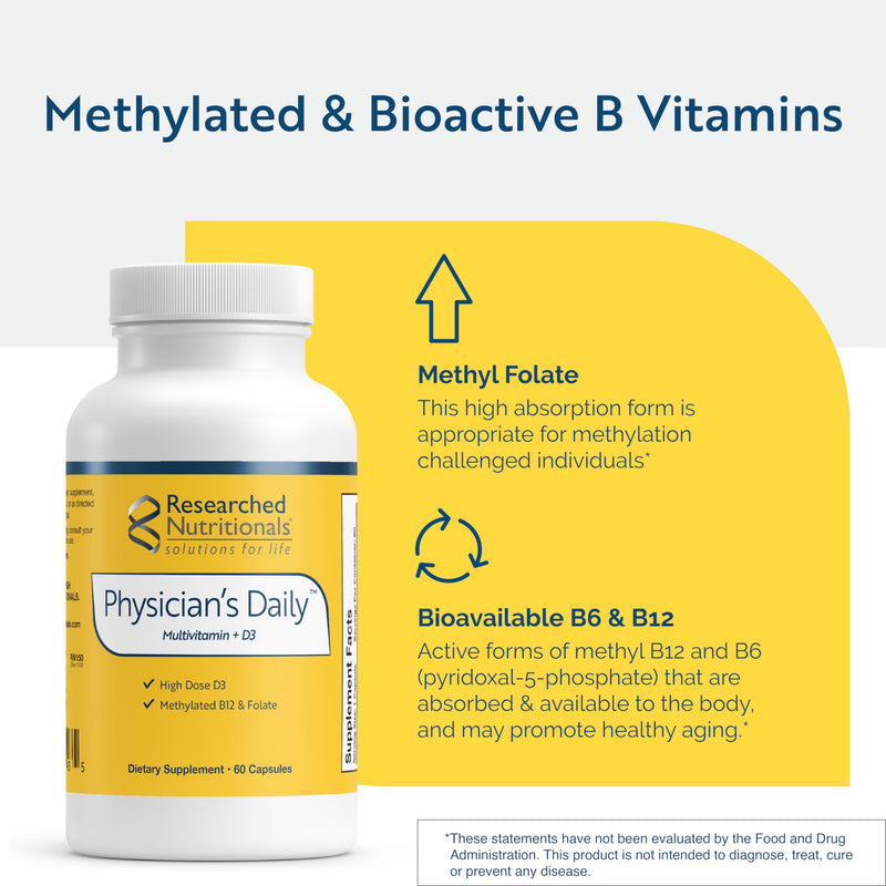 Researched Nutritionals Physician's Daily Multivitamin with D3, 60 Capsules | Methylated Multivitamin, B12, B6 & Folate, Vitamin D3 2000 IU, Daily Heart & Cognitive Support, Vegetarian