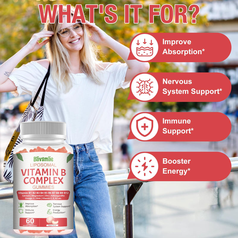 33-in-1 Liposomal Vitamin B Complex Gummies - B1, B2, B3, B4, B5, B6, B7, B8, B9, B12, Vitamin C, D3, K2, Calcium, Magnesium, Zinc for Energy, Brain, Immune, Skin Support & Heart Support 60 Count (Pack of 2)