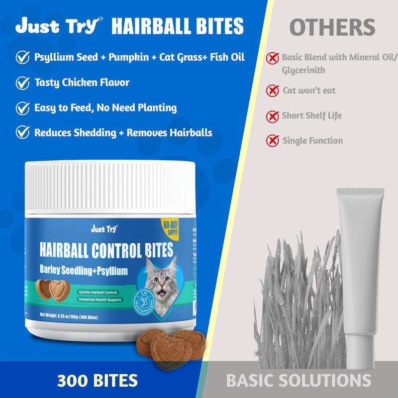 Just Try 300 Bites Hairball Control Cat Treats - Hairball Treatment & Relief for Cats - with Cat Grass, Pumpkin, & Omega-3 Fish Oil, Crunchy Chicken Flavor Crunchy Bites