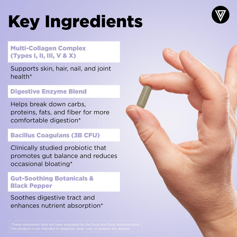 Vital Vitamins Multi Collagen Complex Plus + Gut, Probiotics & Enzymes | 5 Collagen Types I, II, III, V & X with Digestive Enzyme Blend, 3 Billion CFU Probiotic & Gut Botanicals, 90 Capsules 90 Count (Pack of 1)