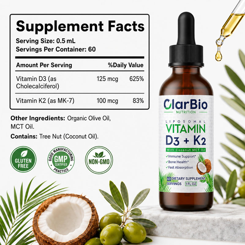 Liposomal Vitamin D3 K2 (MK-7) Liquid Drops with MCT and Olive Oil | Vitamin D3 5000iu | Bone & Heart Health | Immune & Joint Support Supplement | Maximum Absorption| Made in USA