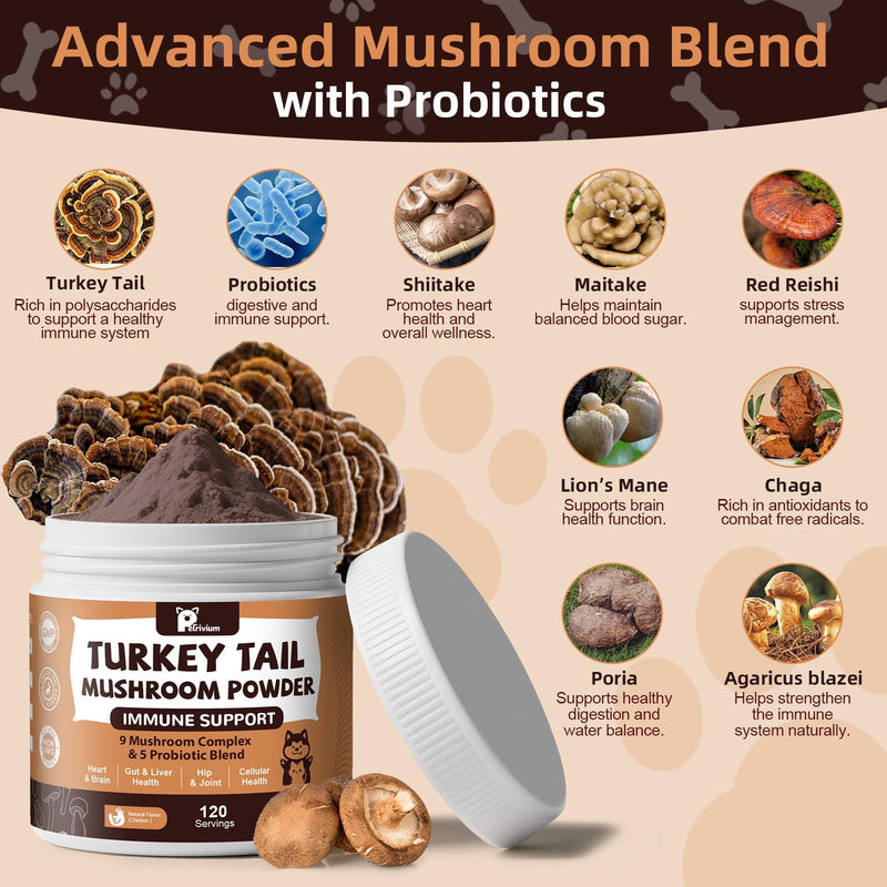 Mushroom Supplement with Probiotics for Dogs & Cats, Turkey Tail Mushroom for Pets - Mushroom Powder for Immune Boost & Overall Health- Partner Guard for Dogs Lumps and Bumps 2 Pack 2-Pack