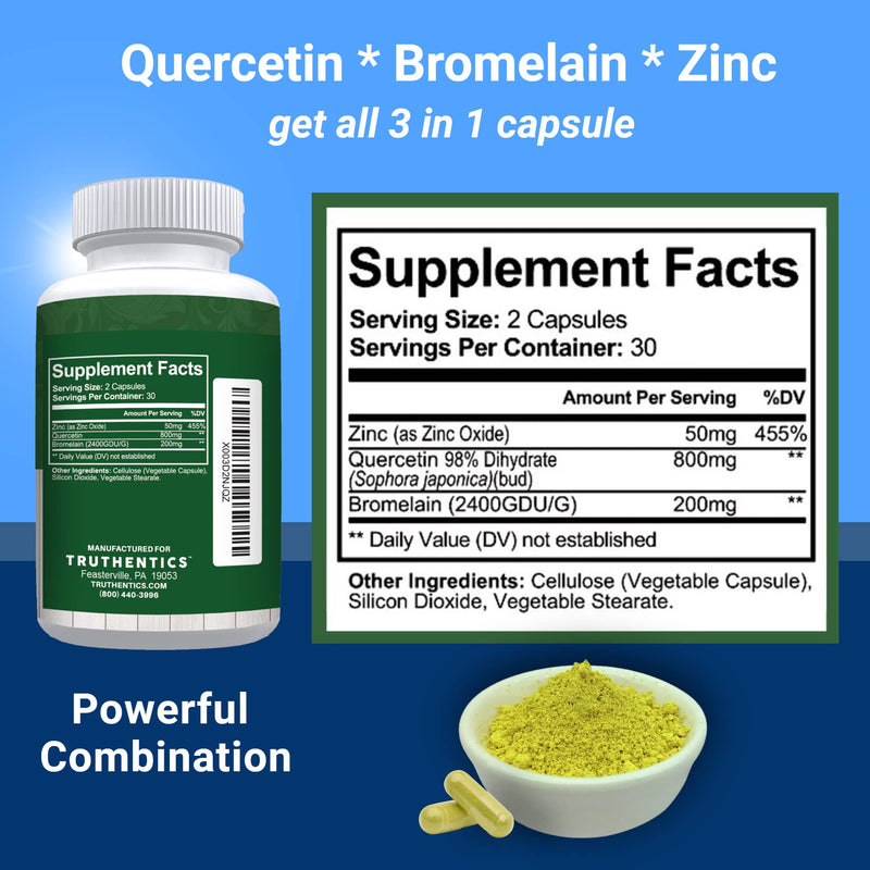 TRUTHENTICS Quercetin with Bromelain and Zinc 1050mg, Vegan, 60 Capsules | Premium Zinc Quercetin Supplements, Immune, Respiratory & Seasonal Support, Non-GMO, Gluten Free, Third Party Tested