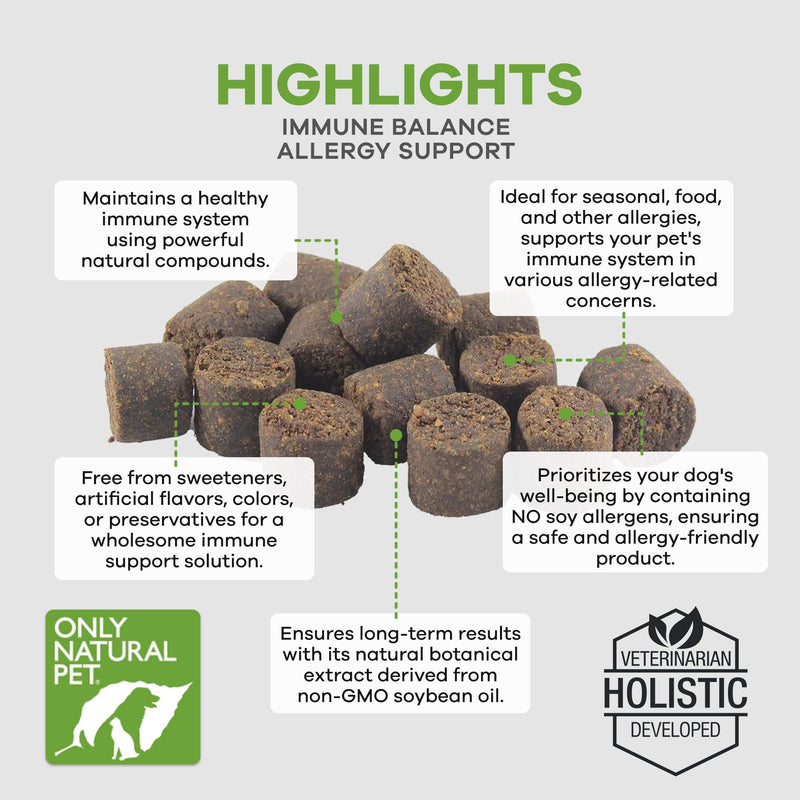 Only Natural Pet Immune Balance - Immunity Booster for Itchy Skin Licking & Scratching w/Phytosterols for Seasonal or Food Allergies Vitamin Supplement for Healthy Dogs & Cats - 60 Soft Chews - PawsPlanet Australia