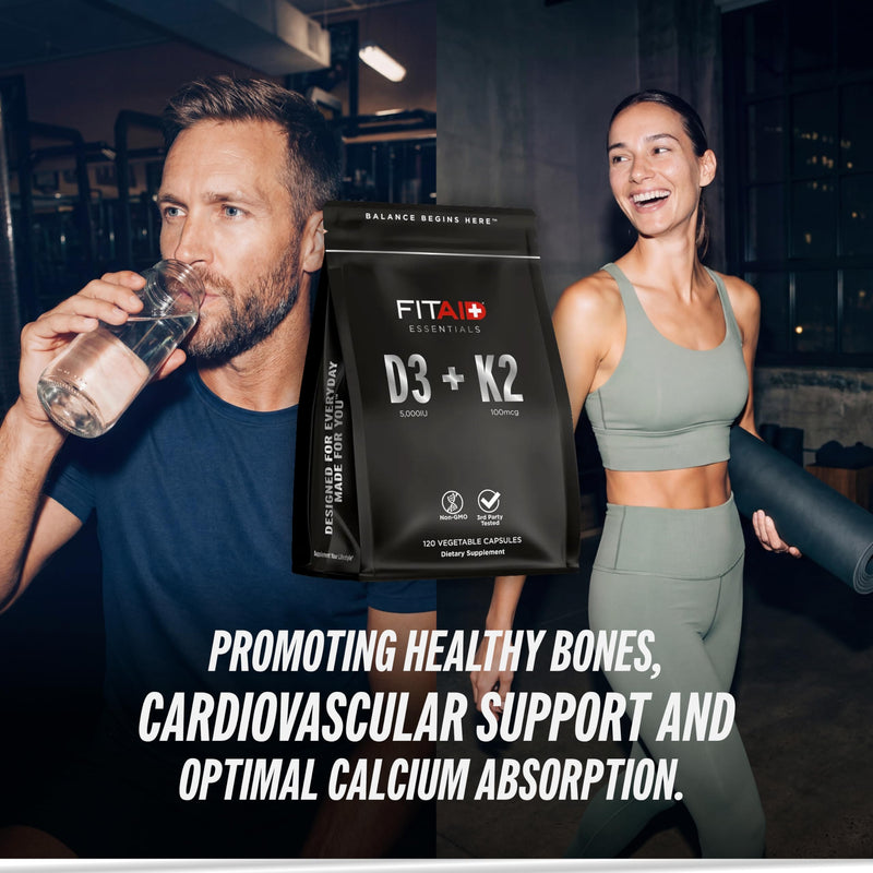 LIFEAID FITAID Essentials Vitamin D3 K2 5000 IU Support, 120 Capsules | High-absorption Vit D3 (125mcg) + K2 MK7 (100mcg) for athletes. Supports bone health & immune function. 4-month supply. 5000 IU Vitamin D3 + 100mcg K2