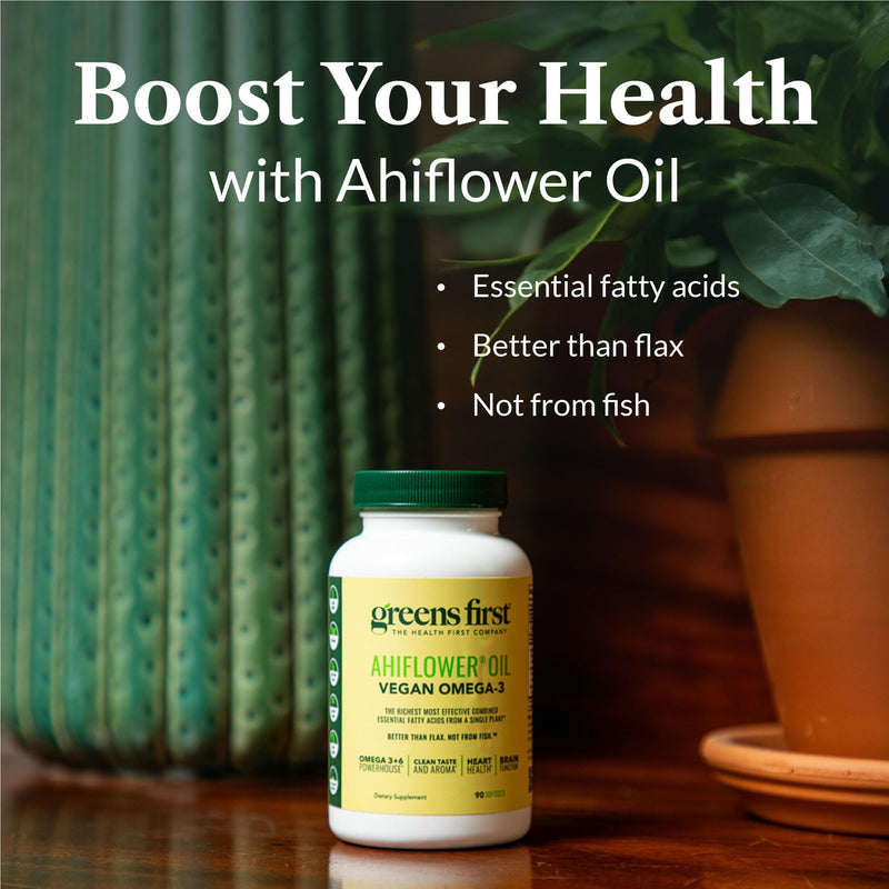 Greens First Ahiflower Oil Plant-Based Omega-3 Supplement, 90 Softgels | Vegan Omega-3, Supports Brain, Immune, Joint & Heart Health, Essential Fatty Acids, Gluten-Free/Dairy-Free/Soy-Free