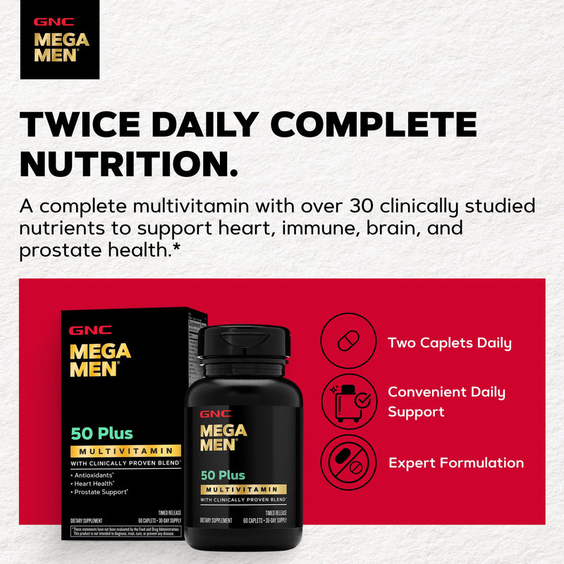 GNC Mega Men 50 Plus Multivitamin for Men, Heart & Prostate, 60 Count | Clinically Studied Antioxidant Formula Supports Heart Health, Prostate Health, and Protection Against Free Radicals 60 Count (Pack of 1)