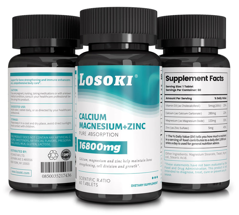 Losoki Calcium Magnesium Zinc Supplement, Support Bone Health - 60 Tablets | Calcium, Magnesium, Zinc, Vitamin D, Bone Health, Immune Support Vitamin D