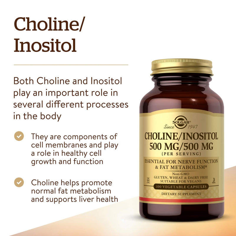 Solgar Choline/Inositol 500 mg/500 mg,100 Vegetable Capsules-Energy Metabolism,Liver Health,Essential for Brain&Nerve Function-Non-GMO,Vegan,Gluten Free,Dairy Free,Kosher-50 Servings,(Pack of 2) 100 Count (Pack of 2)