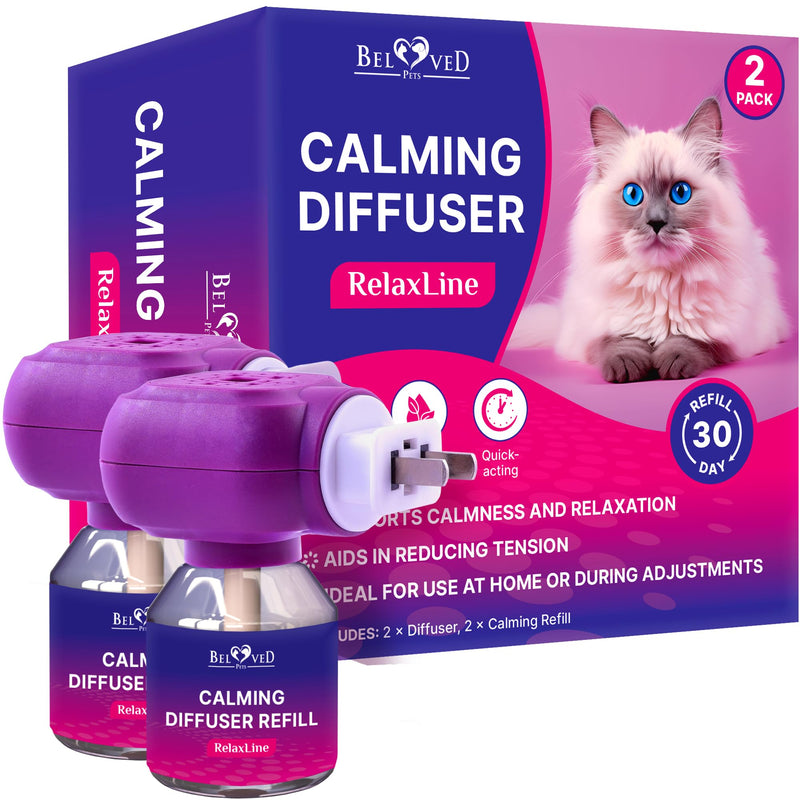 Beloved Pets Cat Calming Diffuser & Pet Anti Anxiety Products - Feline Calm Pheromones Plug in & Cats Stress Relief Comfort Helps with Pee, New Zone, Aggression (2 Pack (2 Diffusers + 2 Refills)) (2 Pack (2 Diffusers + 2 Refills))