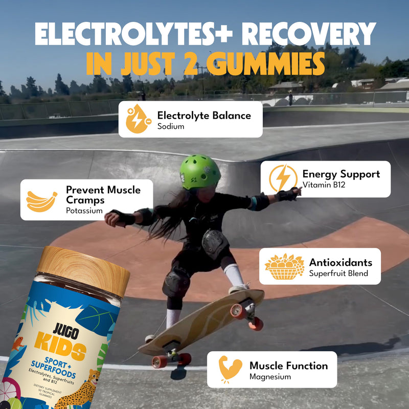 JUGO Kids Sport + SUPERFOODS Electrolyte Gummies for Sports Hydration and Daily Play with Super Fruits, Vitamin B12, and Potassium, Gluten-Free, Non-GMO, Tropical Flavor, 50 Count