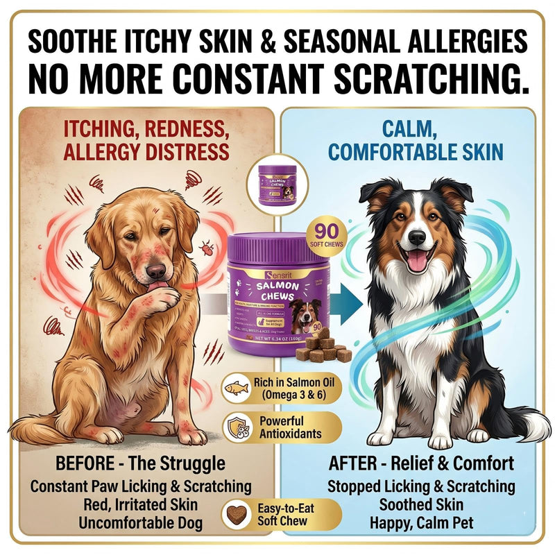Salmon Oil Chews for Dogs - Omega 3 & 6 Skin and Coat Support with Astaxanthin, Vitamin C & E - 90 Soft Chews - Relief for Itchy Skin, Seasonal Allergies & Shedding - for All Breeds & Ages