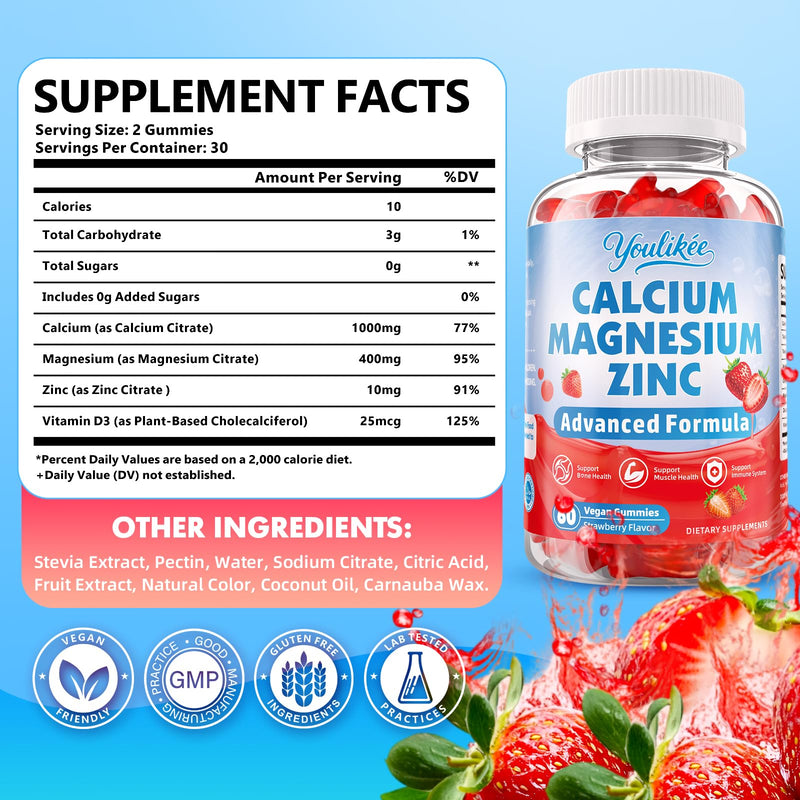 2 Pack Calcium Magnesium Zinc Gummies, Calcium Citrate with Vitamin D3 | High Absorption Calcium Magnesium Supplement for Women & Men, Sugar-Free, Strawberry Flavor, 120 Count 60 Count (Pack of 2)