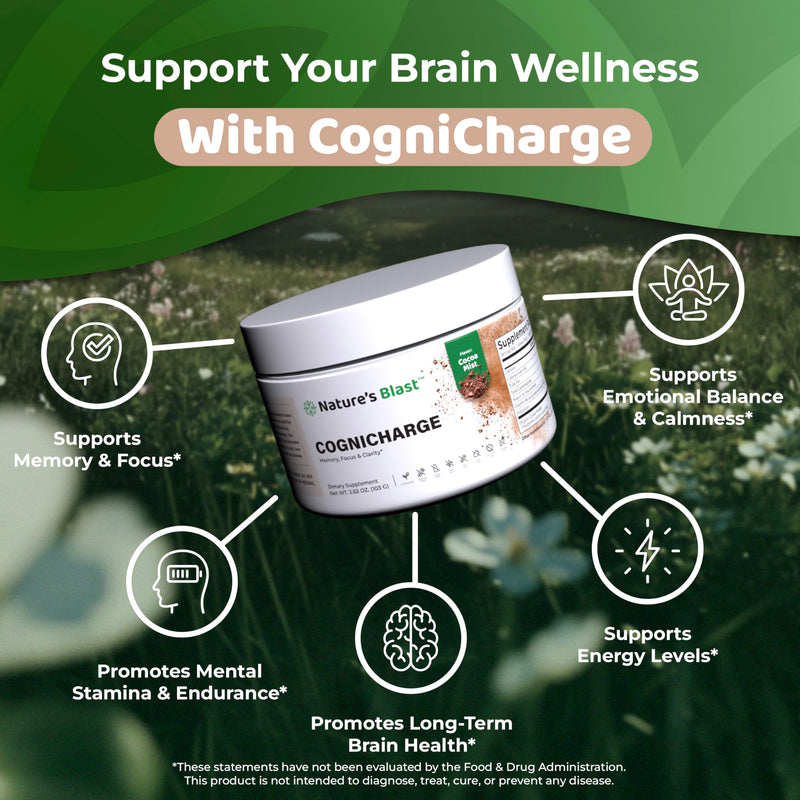 CogniCharge Brain Supplements for Memory, Focus & Clarity - with Bacopa Monnieri Extract, Guarana Powder, Niacin, L-Tyrosine, Alpha GPC, GABA - 3.63 Oz - 30 Servings - Cocoa Mist Flavor - BeesActive Australia
