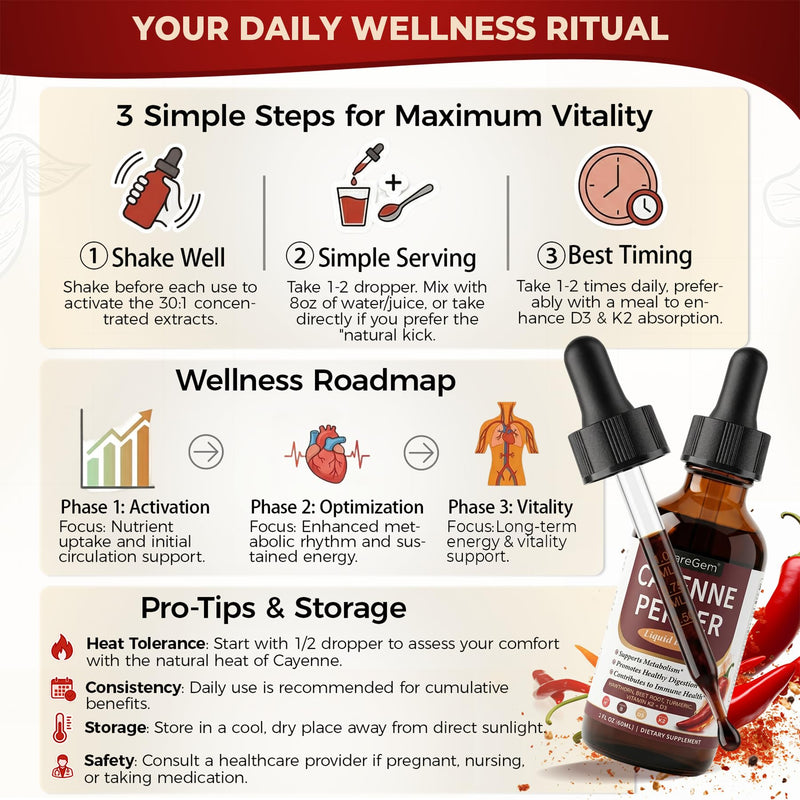 Cayenne Pepper Drops with Vitamin D3 K2 MK-7-30:1 Organic Beetroot & Hawthorn Berberine, Turmeric, Panax Ginseng - 2 Fl Oz