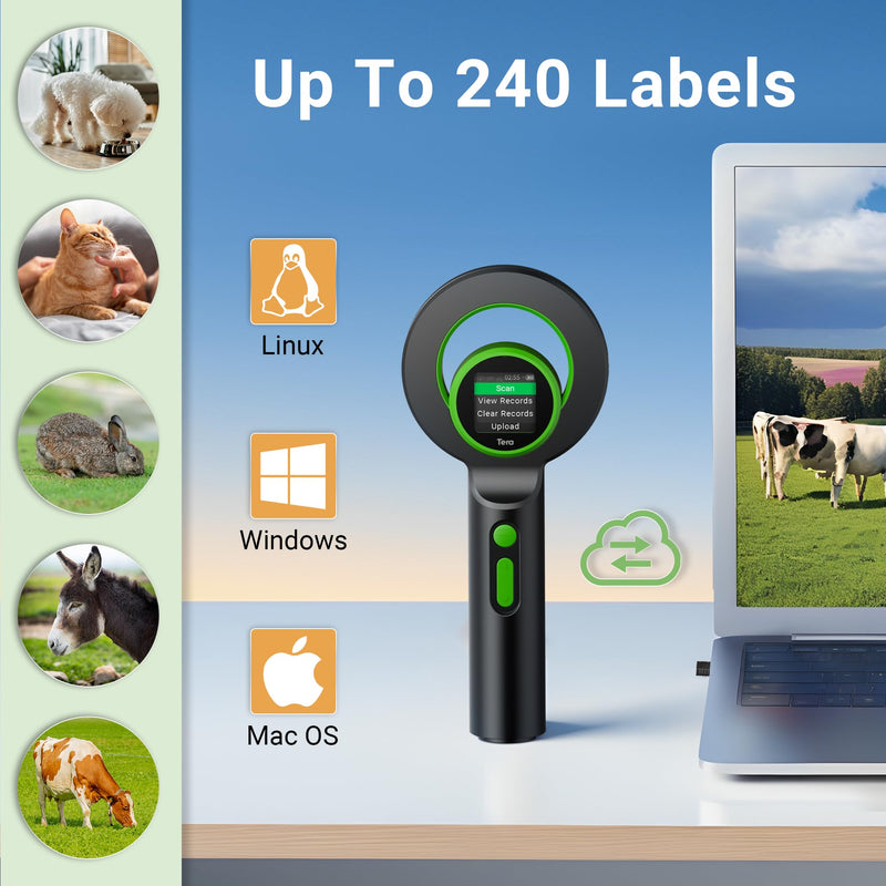 Tera Pet Microchip Scanner Upgrade Large TFT Screen 1800mAh Battery Rechargeable Portable Universal Reader 240 Data Storage for EMID ID64 RFID FDX-B(ISO11784/85) Not for AVID for Dog Management H02 Black-Green - BeesActive Australia