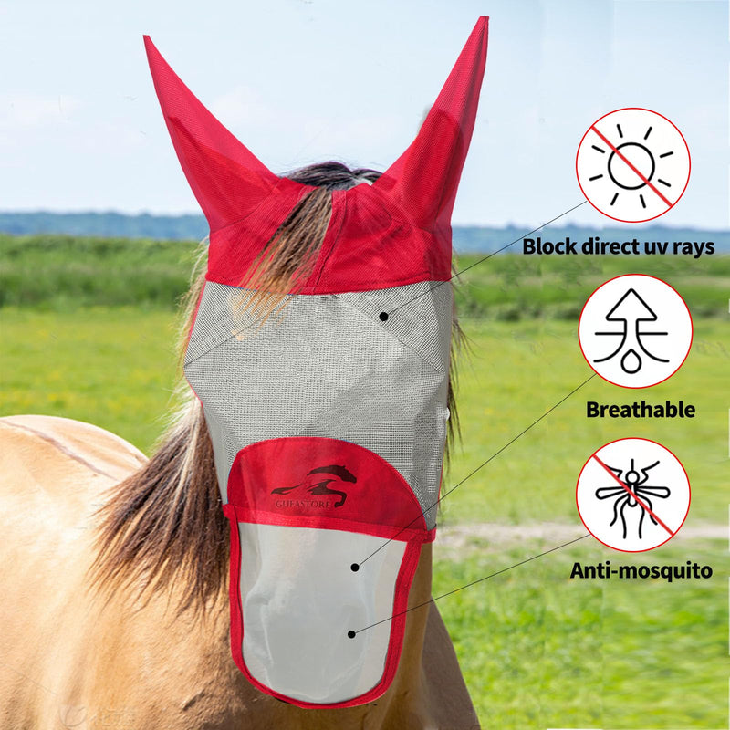 Horse Fly Mask with Long Nose and Ears,Red,Medium Size Medium Red - BeesActive Australia