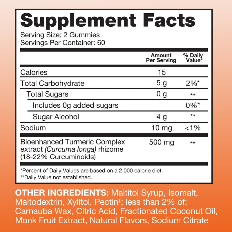 Qunol Zero Sugar Turmeric Gummies, Gummy with 500mg Turmeric Curcumin, Joint Support Supplement, Ultra High Absorption Tumeric Curcumin, Vegetarian, Gluten Free, 120 Count 120 Count (Pack of 1) - BeesActive Australia