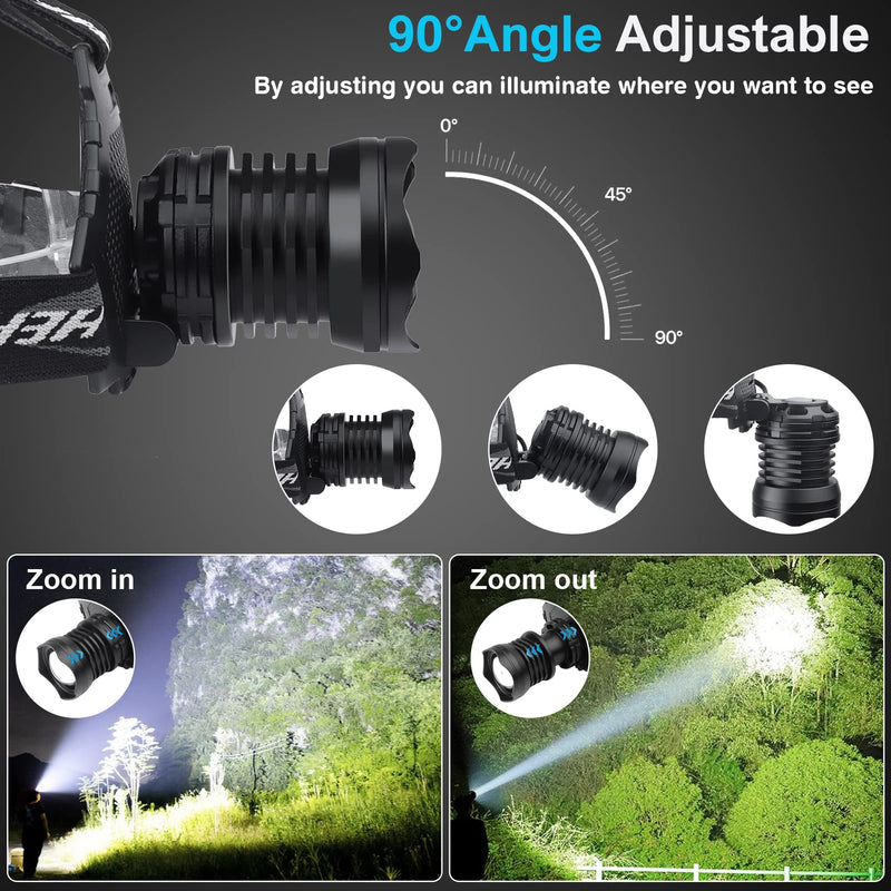 Bud K LED Headlamp USB Rechargeable, Head Lamp XHP70 Super Bright 1080 Lumen with 5 Modes, Batteries Included, Zoomable, Waterproof Headlight for Camping Hunting Running Fishing Biking Black
