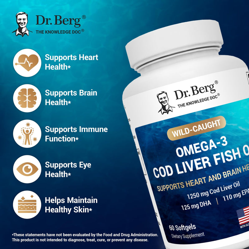 Dr. Berg Maximum Strength Omega-3 Cod Liver Fish Oil (1250 mg) from Wild-Caught Cod - Lemon-Flavored Omega-3 Fish Oil for Women & Men - EPA DHA Supplement ‚Äì 60 Softgels