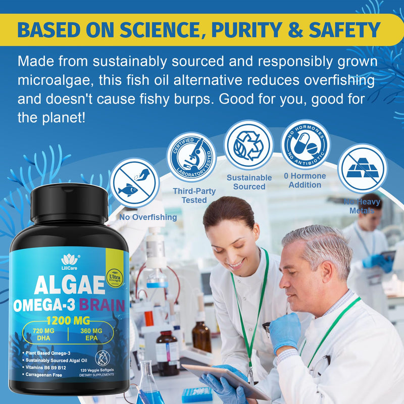 Algae Oil Omega 3 Supplement, Plant-Based EPA & DHA Fish Oil Alternative with Methylated B12, B6, B9, Vitamin E - Vegan Softgels for Brain, Energy, Immune Support for Women & Men, Non-GMO, 240 Count 120 Count (Pack of 2)