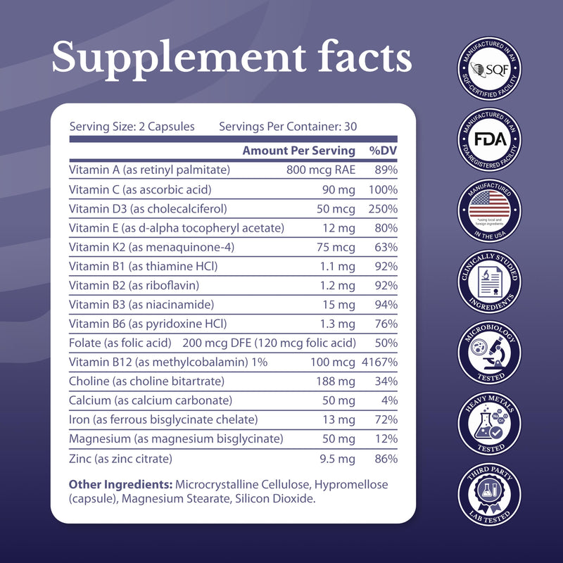 Multivitamin Complex for Energy, Immune & Bone Support | Daily Multivitamins, Energy, Immune & Bone Support, Vitamin C, D3, B12, K2. 30 Days Supply. 60 Capsules